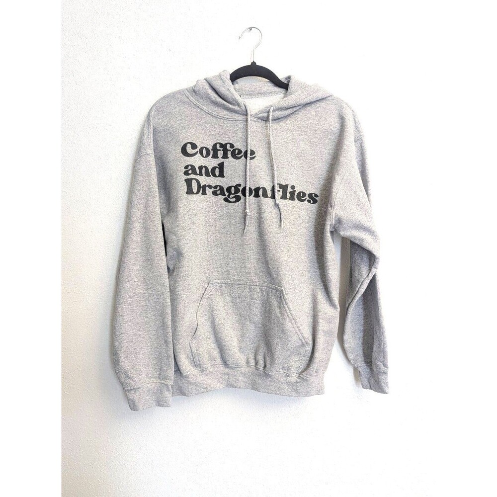 Coffee + Dragonflies Graphic Hoodie Sweatshirt Size Medium Gray Black